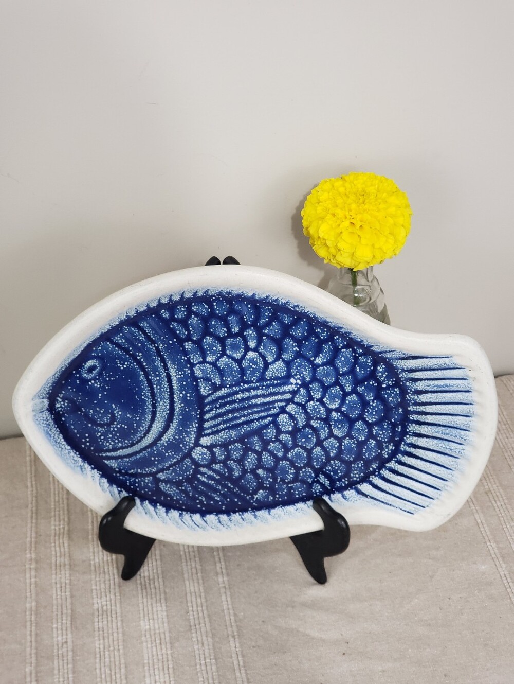 Vintage Stoneware Deep Blue Aqua Glaze Fish Platter